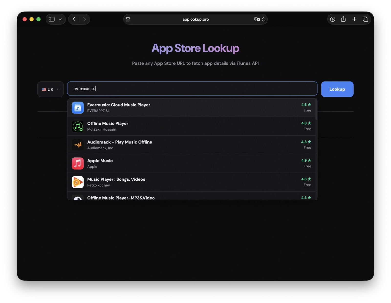 Enter an app name or App Store URL into AppLookup.pro