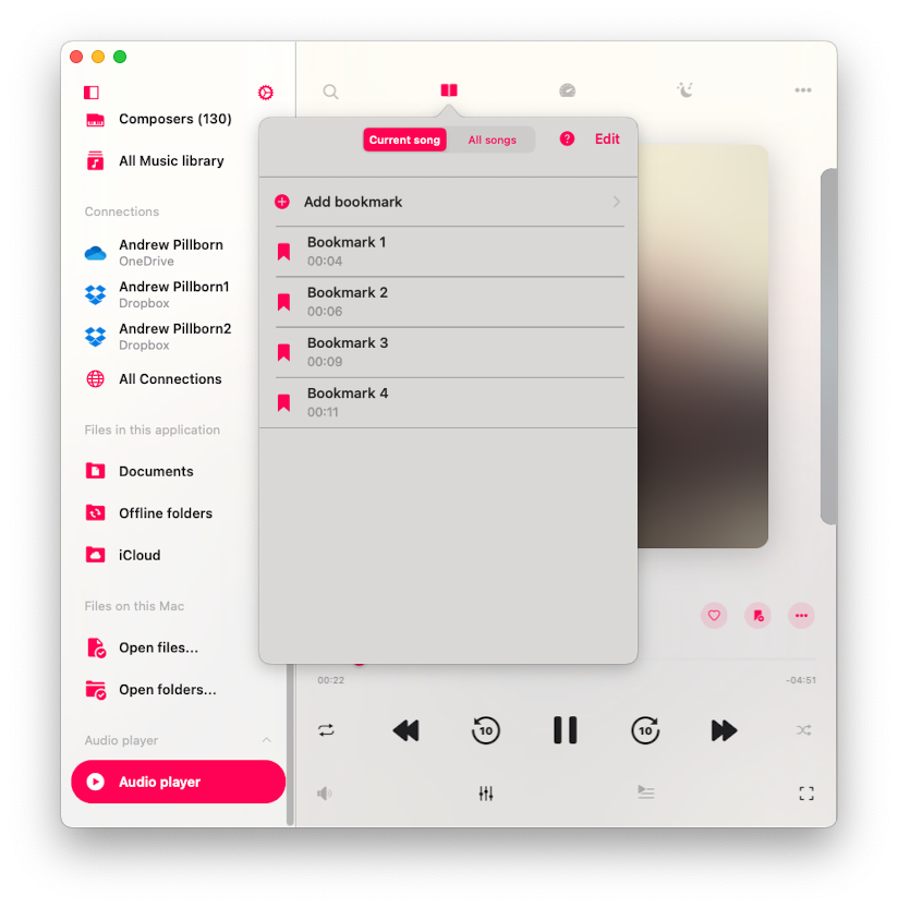 audio bookmarks screen