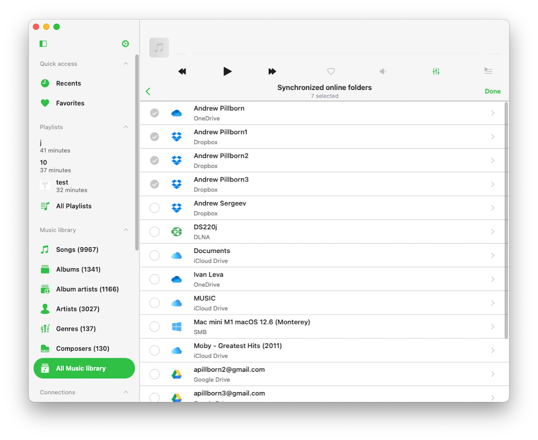 Synchronized online folders selection screen