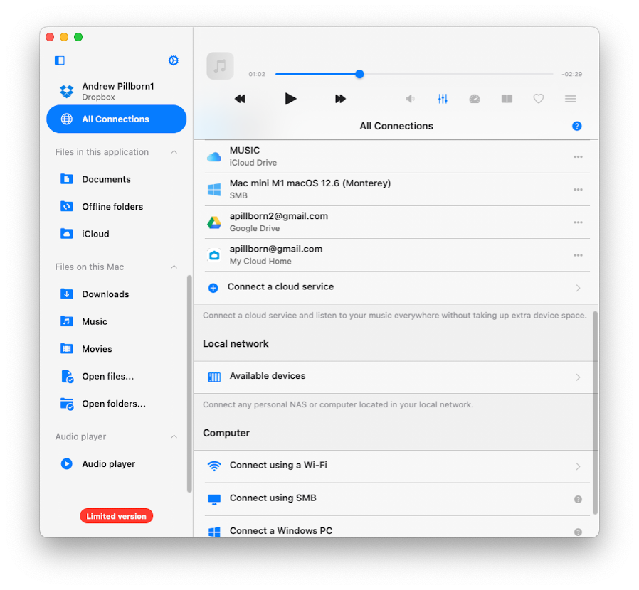 all connections screen with connected icloud drive folder