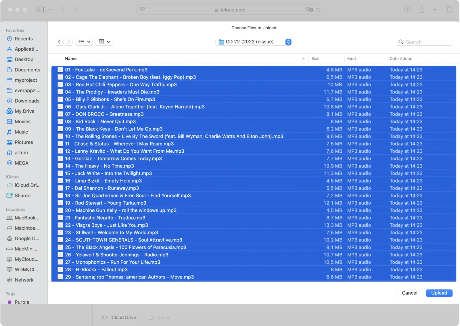 Selected local files ready to upload to iCloud